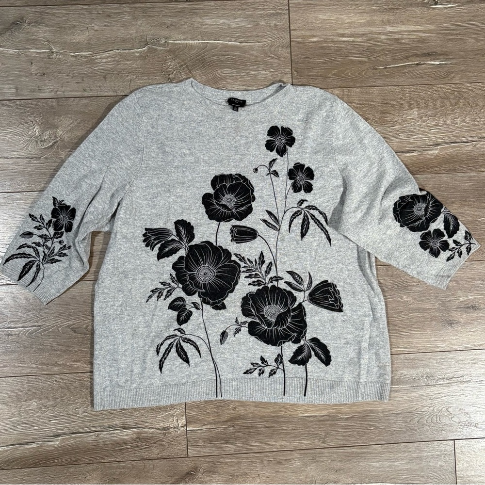 Talbots Pure Cashmere Gray Sweater with Black Floral Design